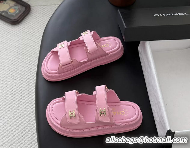 Original Cheap Chanel CC Logo Dad Flat Slides Sandal Pink Calfskin Leather 6052502