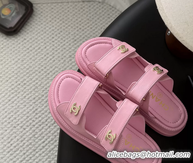 Original Cheap Chanel CC Logo Dad Flat Slides Sandal Pink Calfskin Leather 6052502