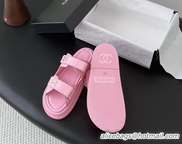 Original Cheap Chanel CC Logo Dad Flat Slides Sandal Pink Calfskin Leather 6052502