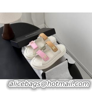 Original Cheap Chanel CC Logo Dad Flat Slides Sandal Pink Beige Calfskin Leather 6052502