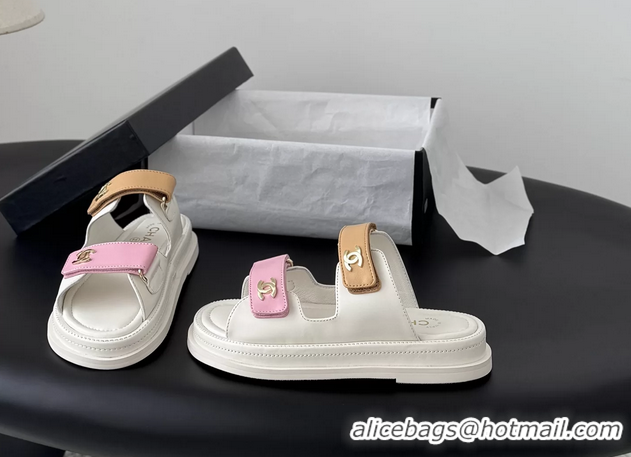 Original Cheap Chanel CC Logo Dad Flat Slides Sandal Pink Beige Calfskin Leather 6052502
