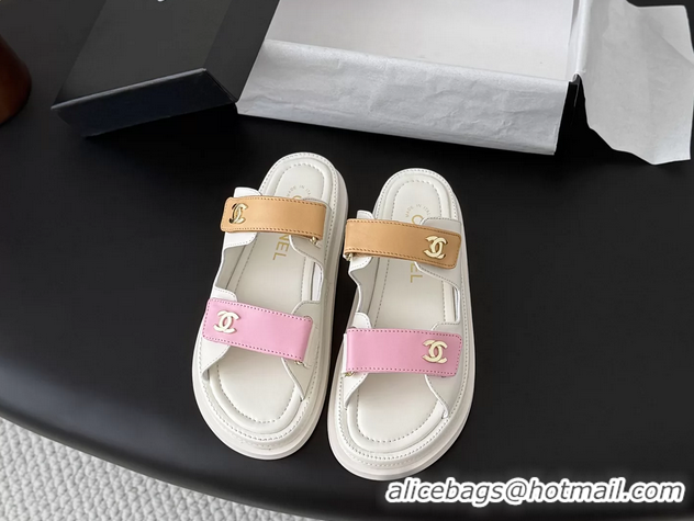 Original Cheap Chanel CC Logo Dad Flat Slides Sandal Pink Beige Calfskin Leather 6052502
