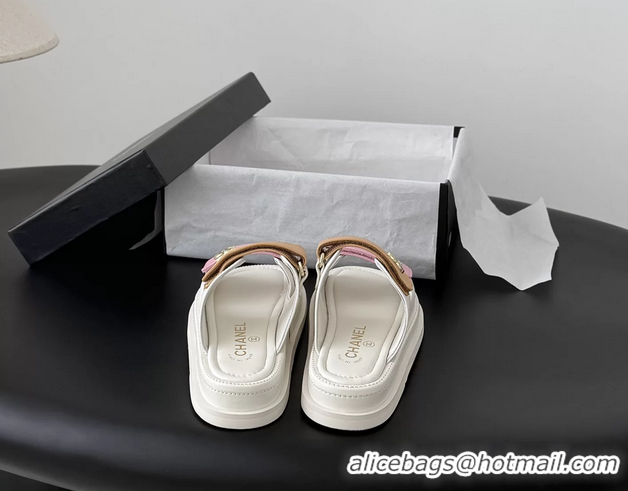 Original Cheap Chanel CC Logo Dad Flat Slides Sandal Pink Beige Calfskin Leather 6052502