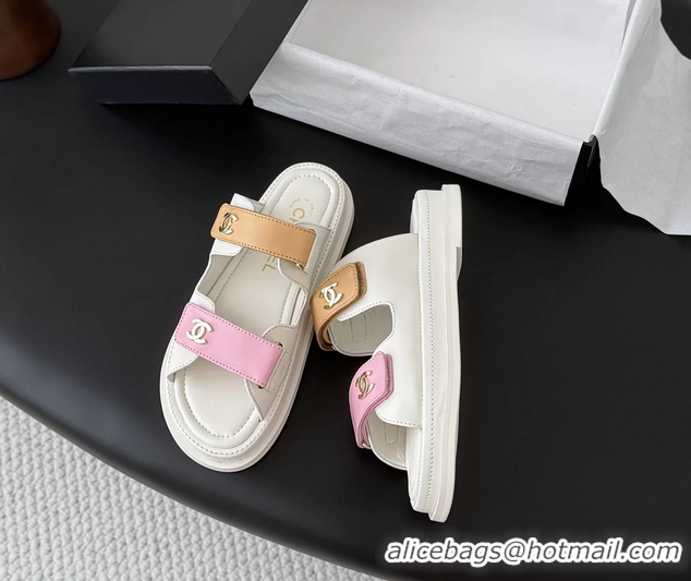 Original Cheap Chanel CC Logo Dad Flat Slides Sandal Pink Beige Calfskin Leather 6052502