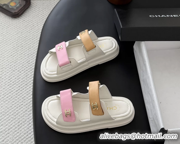 Original Cheap Chanel CC Logo Dad Flat Slides Sandal Pink Beige Calfskin Leather 6052502