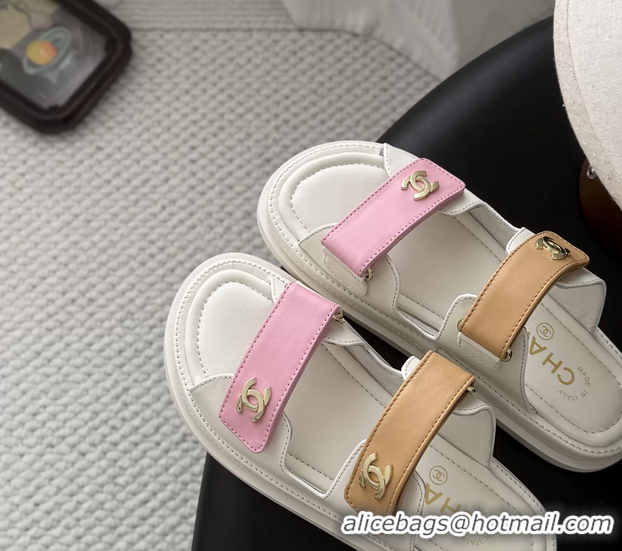 Original Cheap Chanel CC Logo Dad Flat Slides Sandal Pink Beige Calfskin Leather 6052502