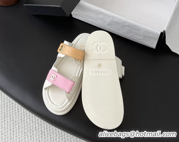 Original Cheap Chanel CC Logo Dad Flat Slides Sandal Pink Beige Calfskin Leather 6052502