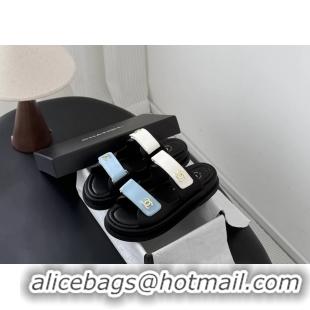 Unique Discount Chanel CC Logo Dad Flat Slides Sandal Blue White Calfskin Leather 6052502