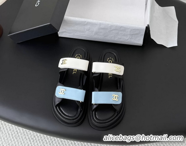 Unique Discount Chanel CC Logo Dad Flat Slides Sandal Blue White Calfskin Leather 6052502