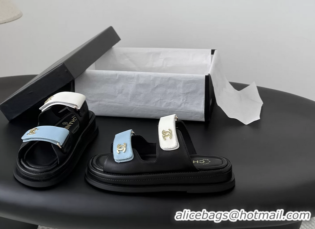Unique Discount Chanel CC Logo Dad Flat Slides Sandal Blue White Calfskin Leather 6052502