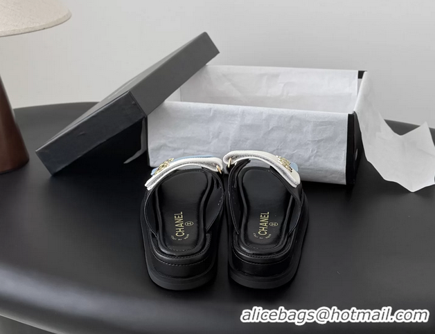 Unique Discount Chanel CC Logo Dad Flat Slides Sandal Blue White Calfskin Leather 6052502