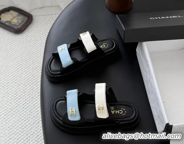 Unique Discount Chanel CC Logo Dad Flat Slides Sandal Blue White Calfskin Leather 6052502