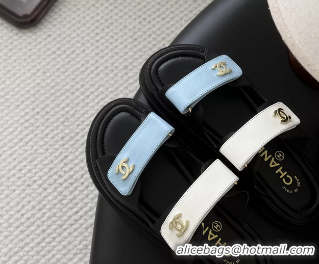 Unique Discount Chanel CC Logo Dad Flat Slides Sandal Blue White Calfskin Leather 6052502