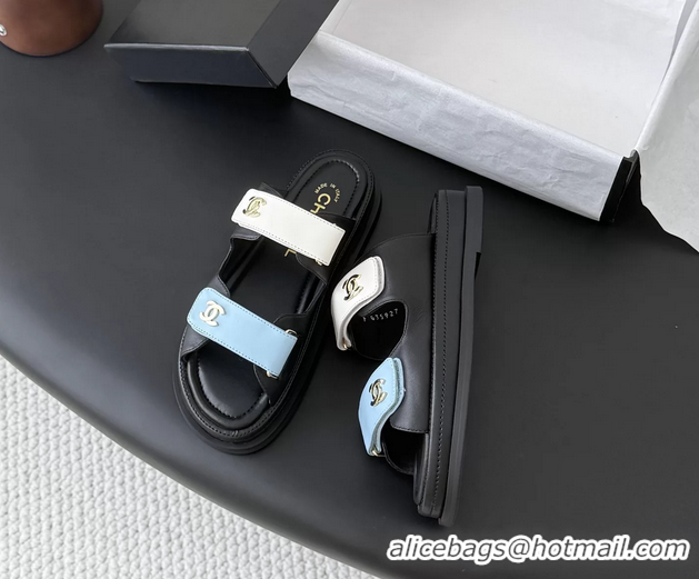 Unique Discount Chanel CC Logo Dad Flat Slides Sandal Blue White Calfskin Leather 6052502