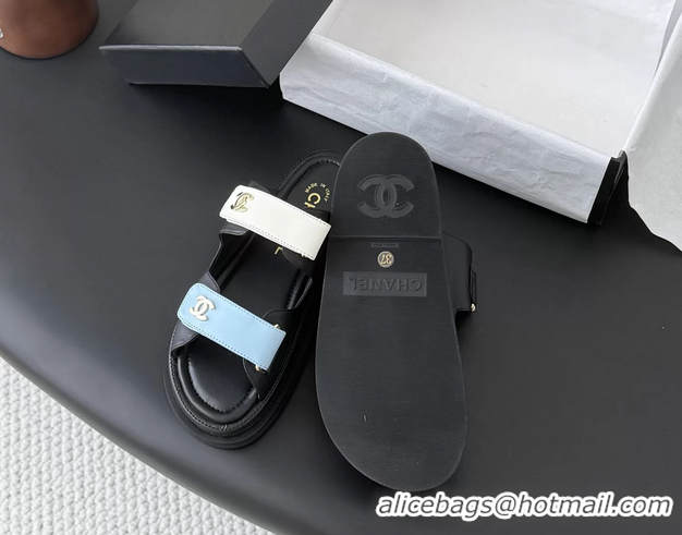 Unique Discount Chanel CC Logo Dad Flat Slides Sandal Blue White Calfskin Leather 6052502