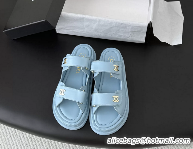 Durable Chanel CC Logo Dad Flat Slides Sandal Blue Calfskin Leather 6052502