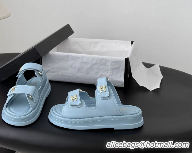Durable Chanel CC Logo Dad Flat Slides Sandal Blue Calfskin Leather 6052502