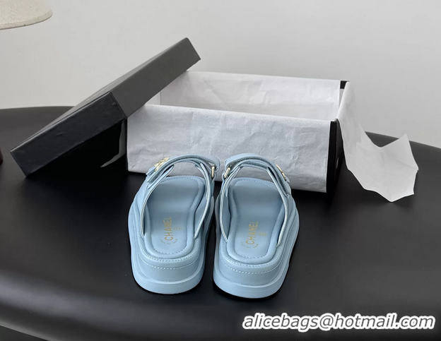 Durable Chanel CC Logo Dad Flat Slides Sandal Blue Calfskin Leather 6052502