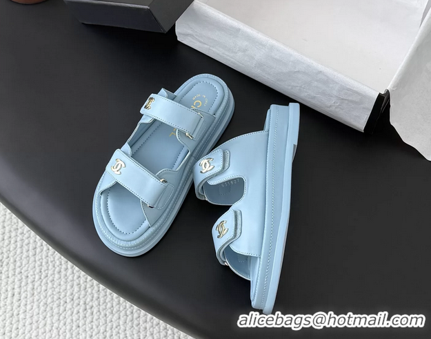 Durable Chanel CC Logo Dad Flat Slides Sandal Blue Calfskin Leather 6052502