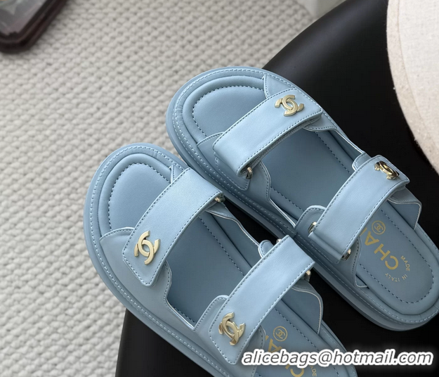 Durable Chanel CC Logo Dad Flat Slides Sandal Blue Calfskin Leather 6052502
