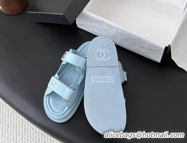 Durable Chanel CC Logo Dad Flat Slides Sandal Blue Calfskin Leather 6052502