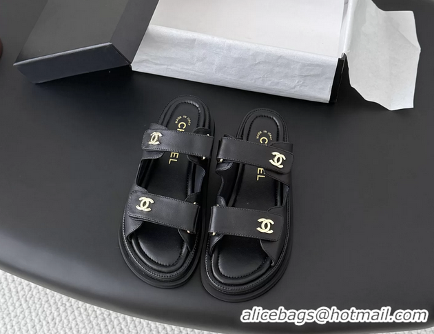 Trendy Design Chanel CC Logo Dad Flat Slides Sandal Black Calfskin Leather 6052502
