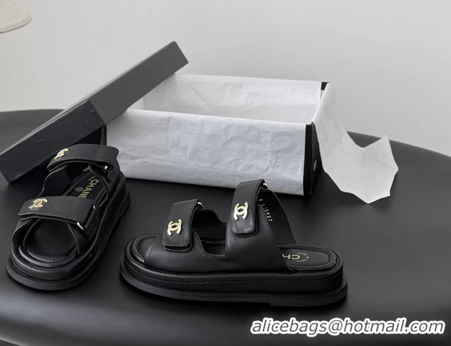Trendy Design Chanel CC Logo Dad Flat Slides Sandal Black Calfskin Leather 6052502