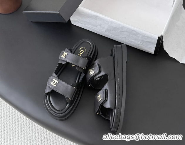 Trendy Design Chanel CC Logo Dad Flat Slides Sandal Black Calfskin Leather 6052502