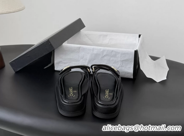 Trendy Design Chanel CC Logo Dad Flat Slides Sandal Black Calfskin Leather 6052502