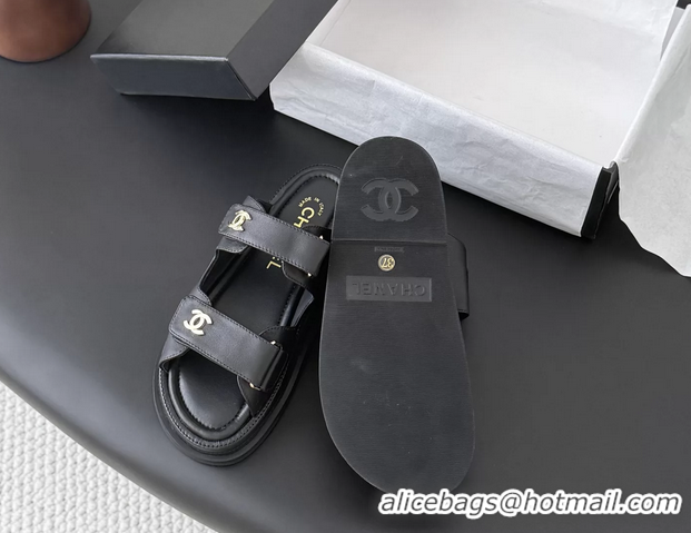 Trendy Design Chanel CC Logo Dad Flat Slides Sandal Black Calfskin Leather 6052502