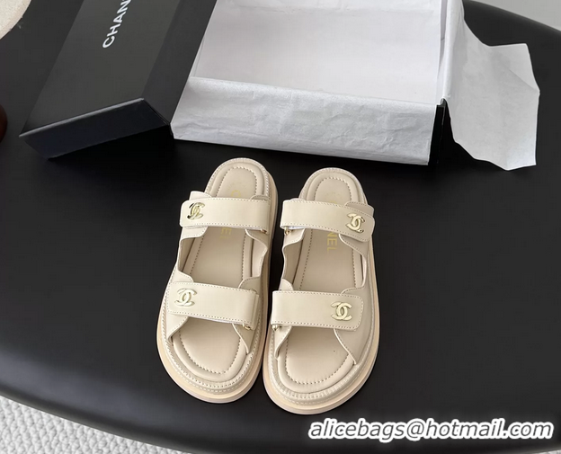 Grade Quality Chanel CC Logo Dad Flat Slides Sandal Beige Calfskin Leather 6052502