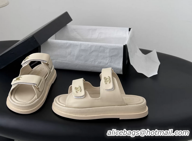 Grade Quality Chanel CC Logo Dad Flat Slides Sandal Beige Calfskin Leather 6052502