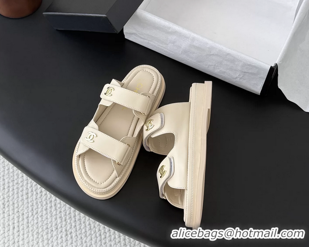 Grade Quality Chanel CC Logo Dad Flat Slides Sandal Beige Calfskin Leather 6052502