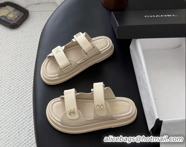 Grade Quality Chanel CC Logo Dad Flat Slides Sandal Beige Calfskin Leather 6052502
