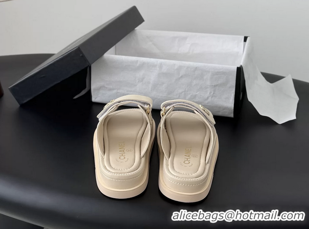 Grade Quality Chanel CC Logo Dad Flat Slides Sandal Beige Calfskin Leather 6052502
