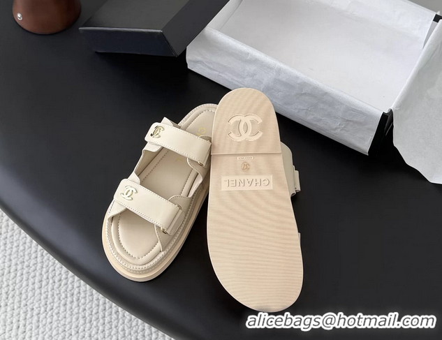 Grade Quality Chanel CC Logo Dad Flat Slides Sandal Beige Calfskin Leather 6052502