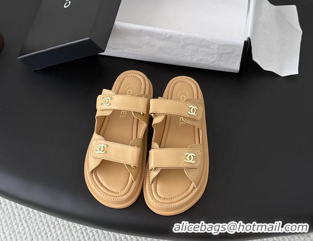 Top Grade Chanel CC Logo Dad Flat Slides Sandal Beige Calfskin Leather 6052502