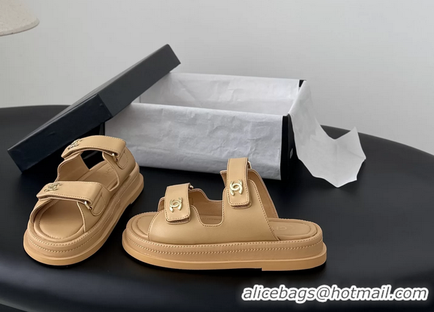 Top Grade Chanel CC Logo Dad Flat Slides Sandal Beige Calfskin Leather 6052502