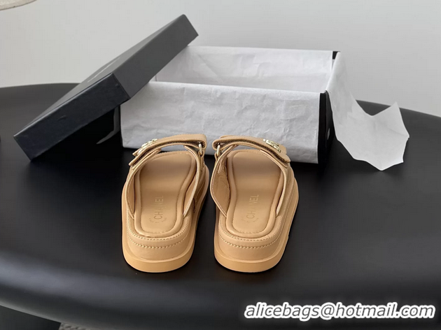 Top Grade Chanel CC Logo Dad Flat Slides Sandal Beige Calfskin Leather 6052502
