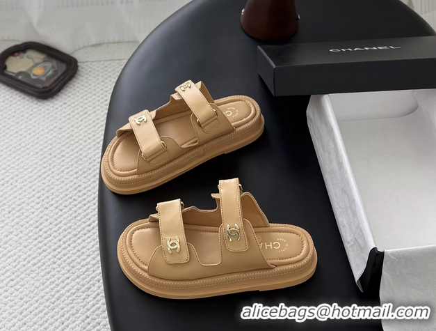 Top Grade Chanel CC Logo Dad Flat Slides Sandal Beige Calfskin Leather 6052502