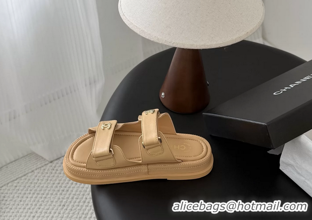 Top Grade Chanel CC Logo Dad Flat Slides Sandal Beige Calfskin Leather 6052502