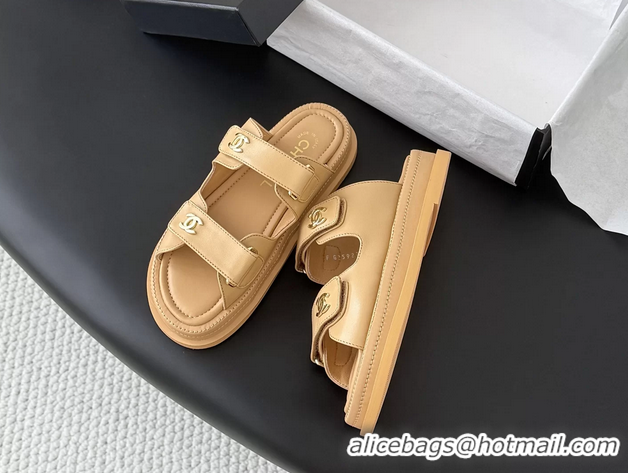Top Grade Chanel CC Logo Dad Flat Slides Sandal Beige Calfskin Leather 6052502