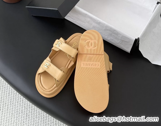 Top Grade Chanel CC Logo Dad Flat Slides Sandal Beige Calfskin Leather 6052502