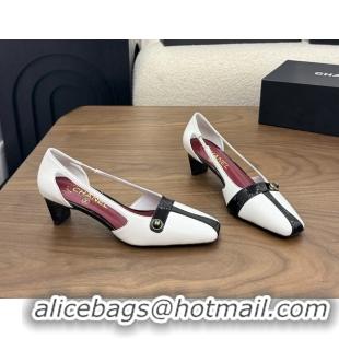 Purchase Chanel CC Logo Black White Leather Pumps 50MM 6052503