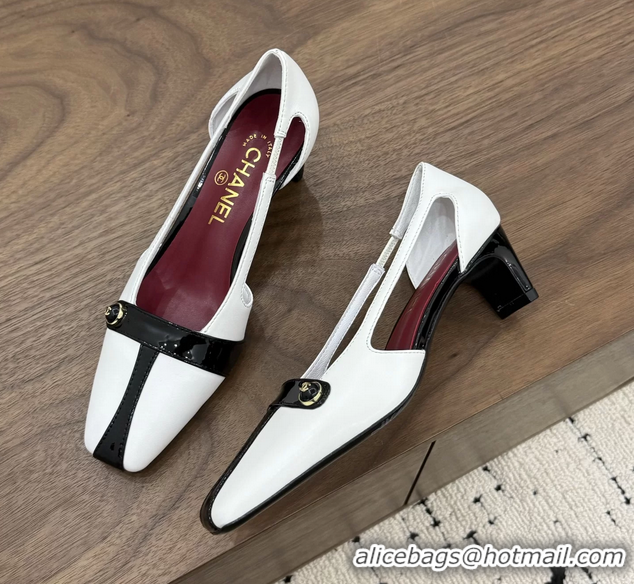 Purchase Chanel CC Logo Black White Leather Pumps 50MM 6052503