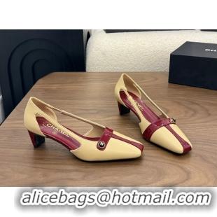 Best Price Chanel CC Logo Beige Red Leather Pumps 50MM 6052503
