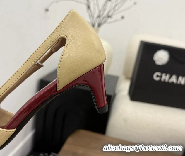 Best Price Chanel CC Logo Beige Red Leather Pumps 50MM 6052503