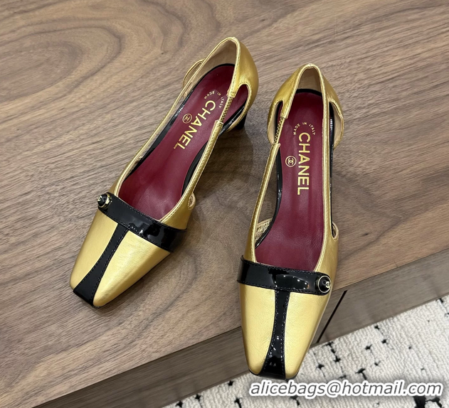 Stylish Chanel CC Logo Gold Black Leather Pumps 50MM 6052503