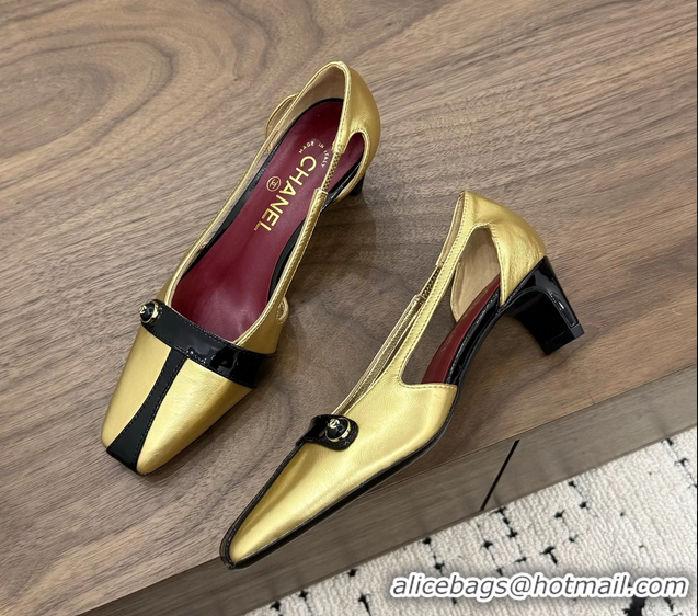 Stylish Chanel CC Logo Gold Black Leather Pumps 50MM 6052503
