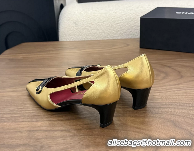 Stylish Chanel CC Logo Gold Black Leather Pumps 50MM 6052503